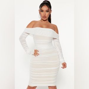 Fashion Nova ready in a ruched shoulder midi dress white